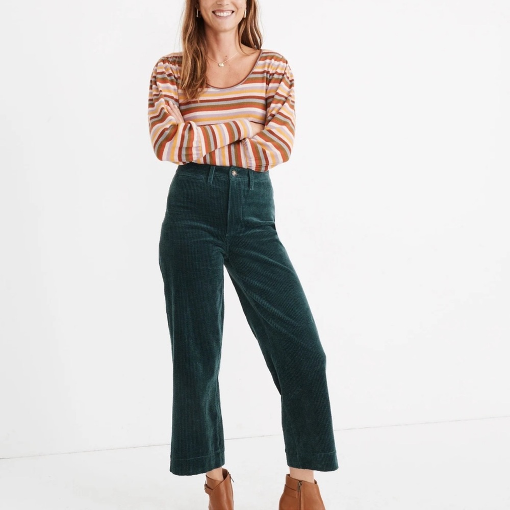 High-Rise Wide-Leg Corduroy Pants in Dark Green